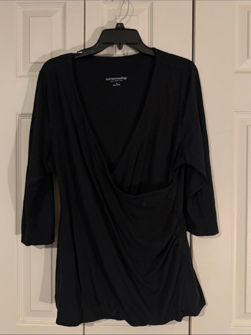 Soft Surroundings Black Draped Wrap-Front 3/4  Sleeve Top